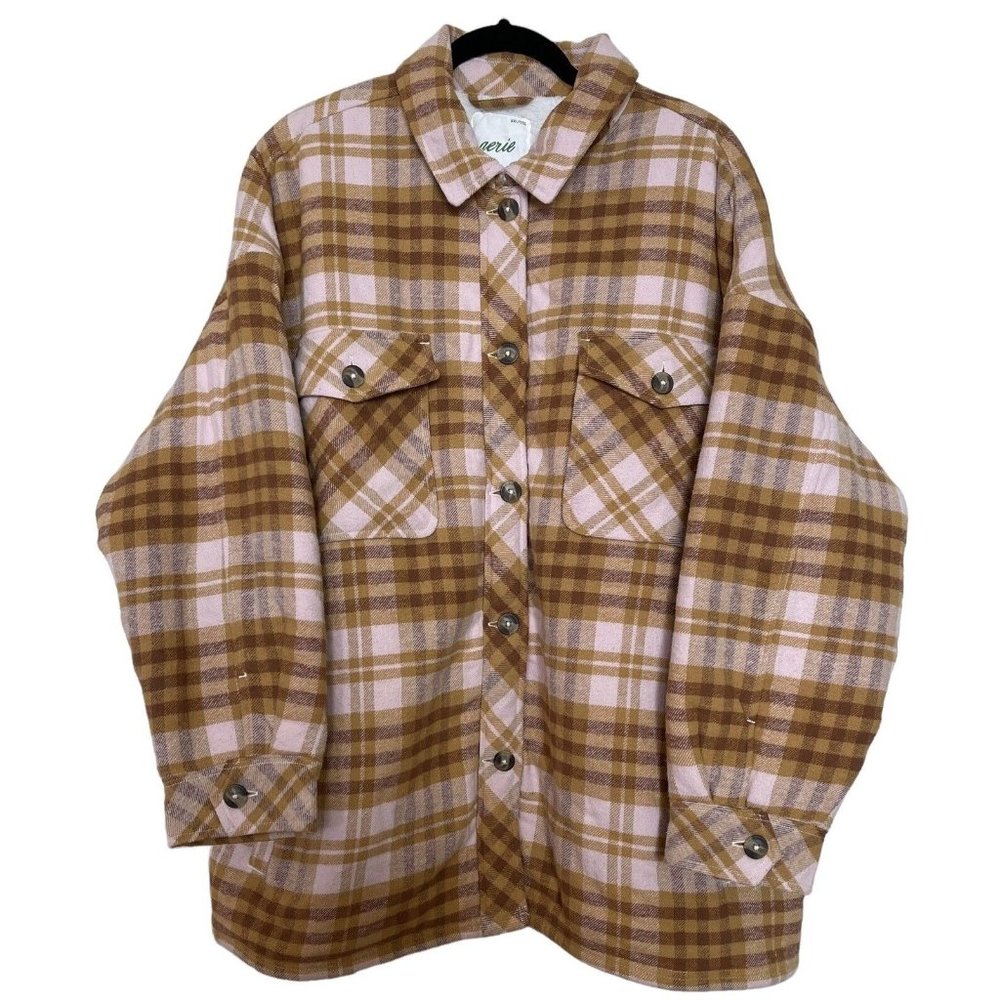 Aerie Shacket Shirt Jacket Women’s Size XXL Plaid Flannel‎ Sherpa Lined Yellow